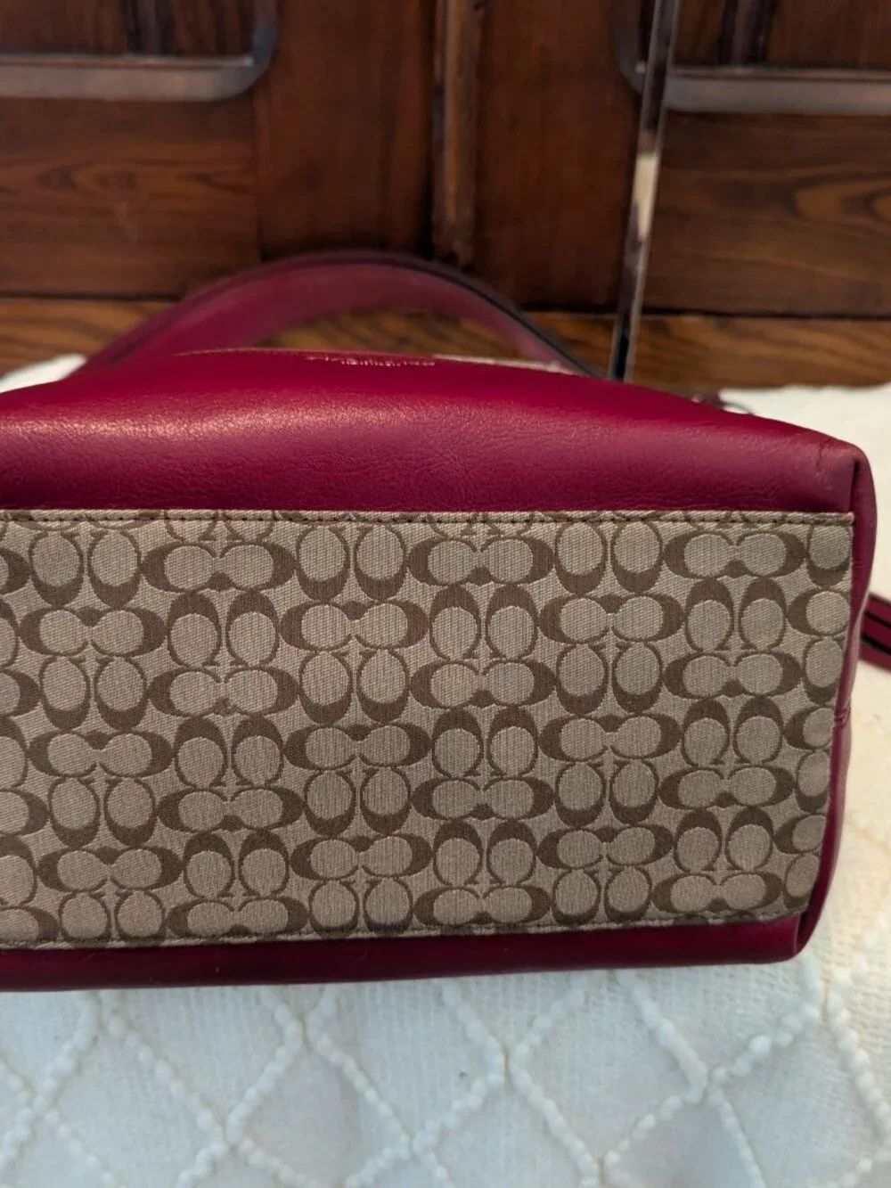 Coach Legacy Signature Stripe Canvas Leather Trim Hobo Shoulder Bag Khaki/ Red